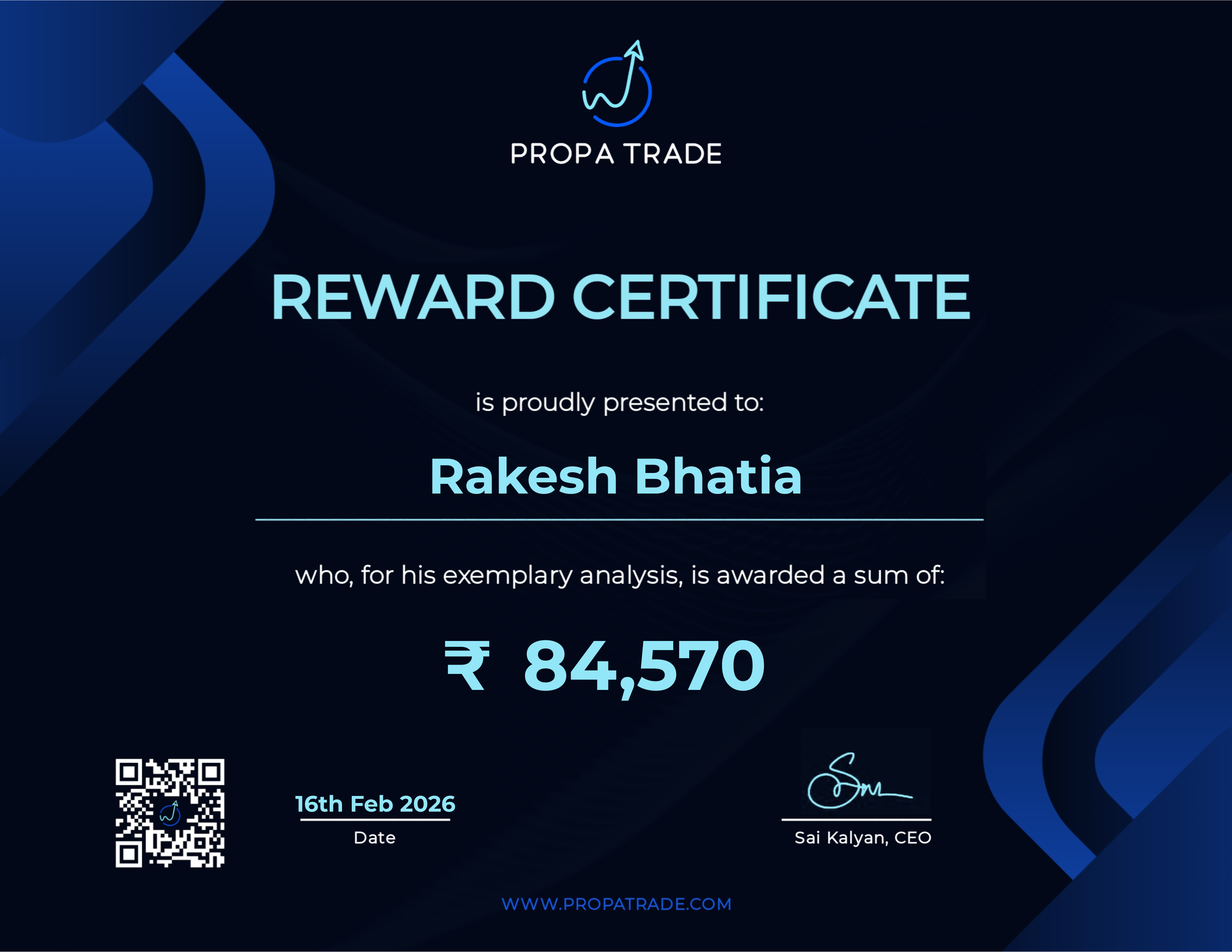 Reward Certificate - Rakesh Bhatia